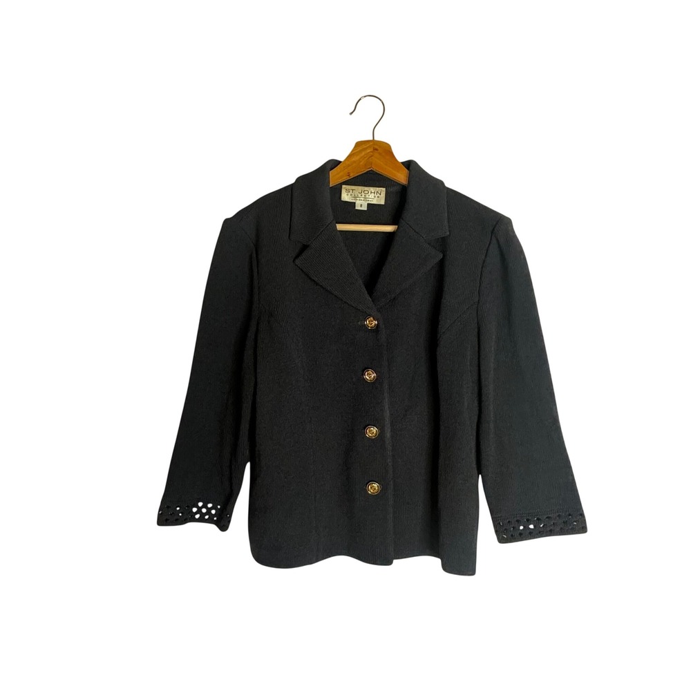 St John Collection Women's Santana Knit Blazer Jacket Pointelle Black Size 8